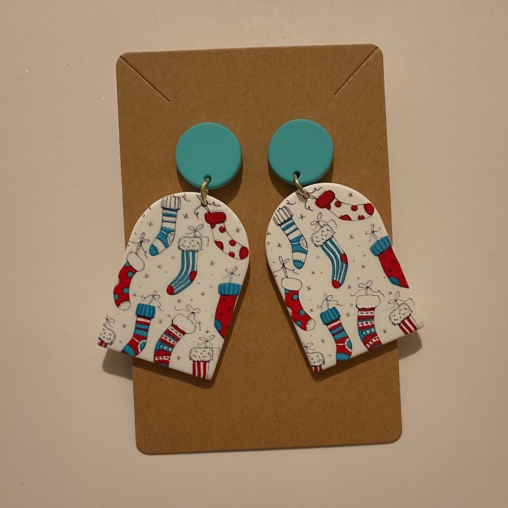 Fashion Jewelry Teal and Red Sock Pattern Earrings